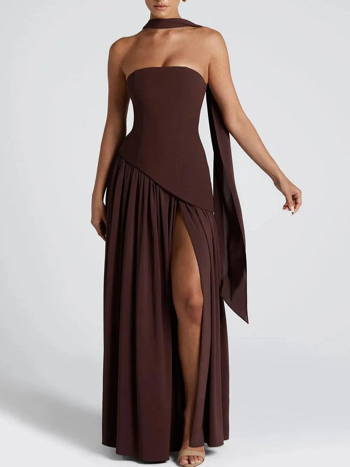Madame - Strapless Long Dress With Ribbon And Slit